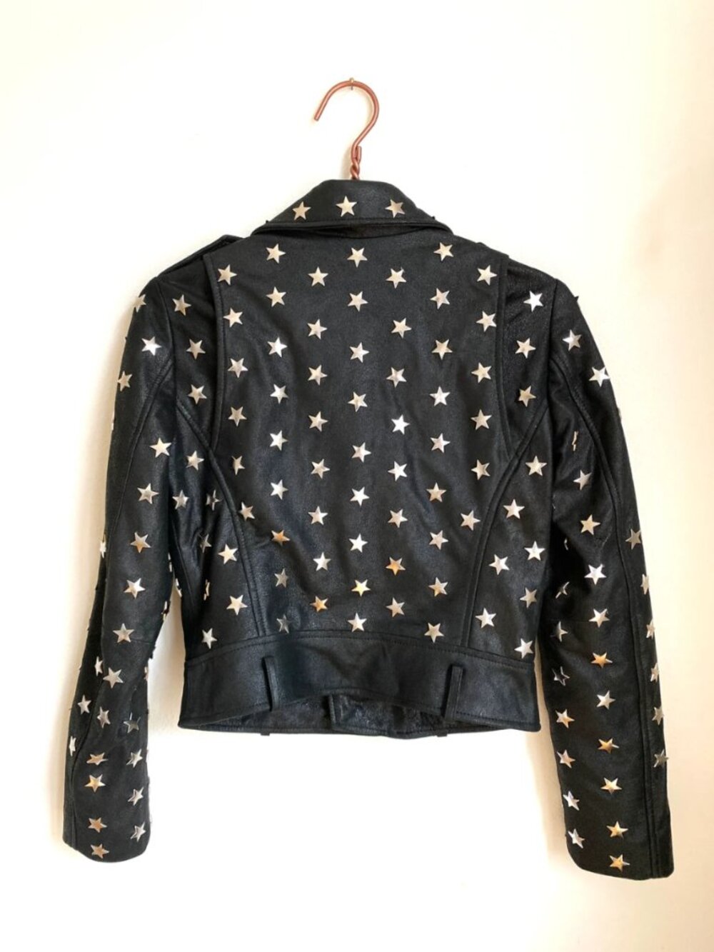 Maje Star Studded Lamb Leather Moto Jacket Black Cropped Belted Size US 6 FR 38 - Picture 5 of 6